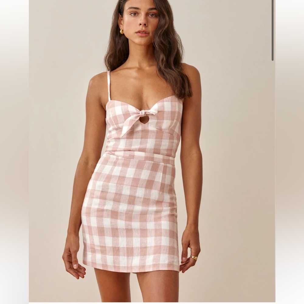 REFORMATION BELIZ Pink and White Checkered Mini Dress-size 4 (100% linen)
